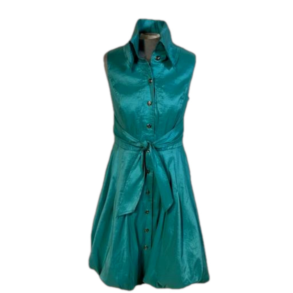 Frank Lyman Dress Bubble Hem Sleeveless Belted Teal Women’s Size 10 Buttons Midi